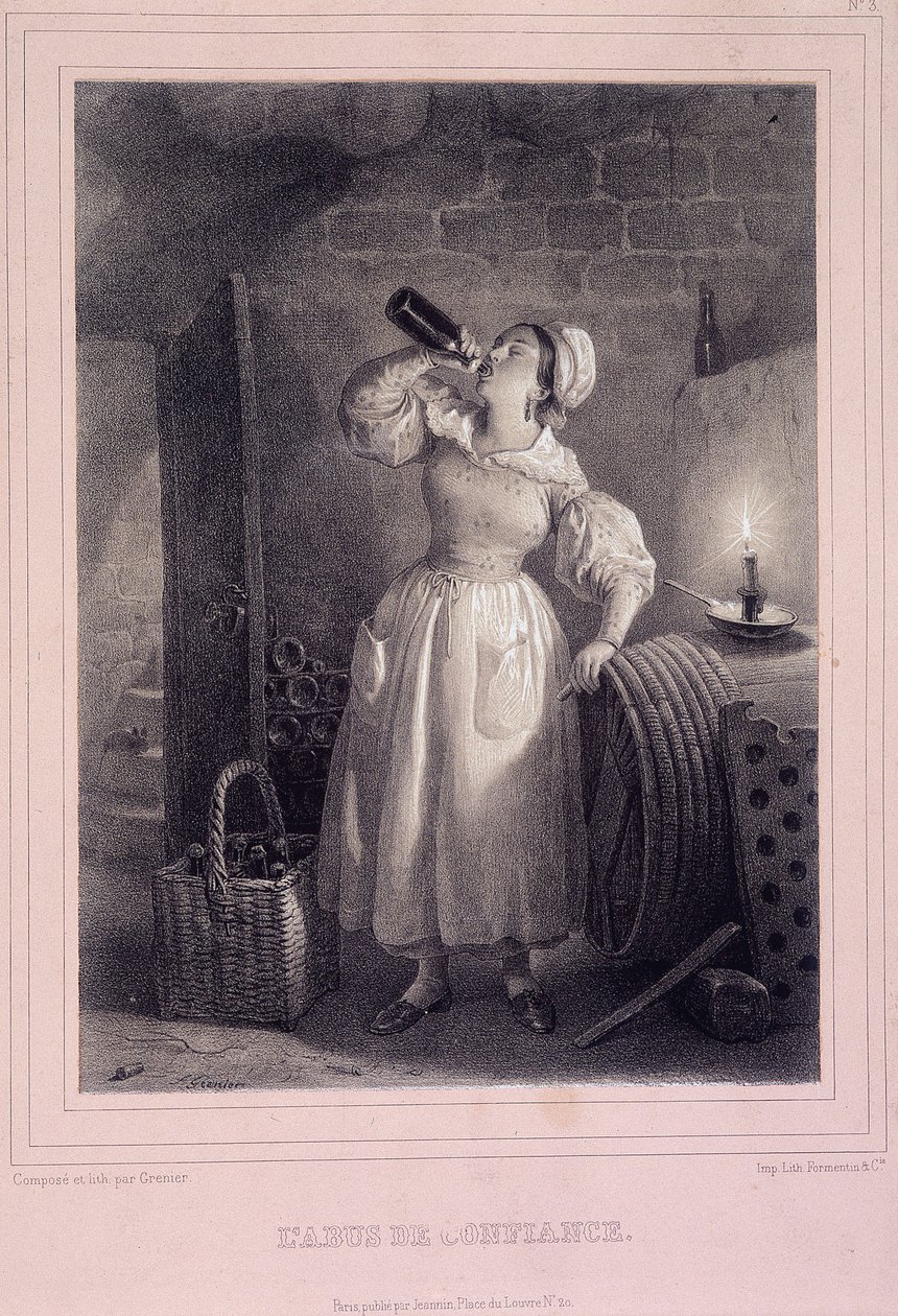 Zneužití důvěry (domácí pití vína ve sklepě) - litografie od French School