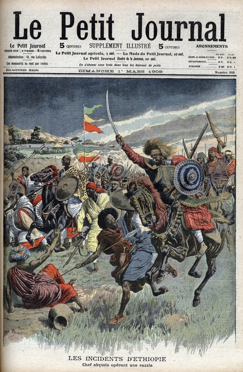 Habešský náčelník na nájezdu, Etiopie, březen 1908 (křesťané, abysini bojovali proti muslimským somálcům na etiopsko-somálské hranici) z Le Petit Journal (rytina) od French School