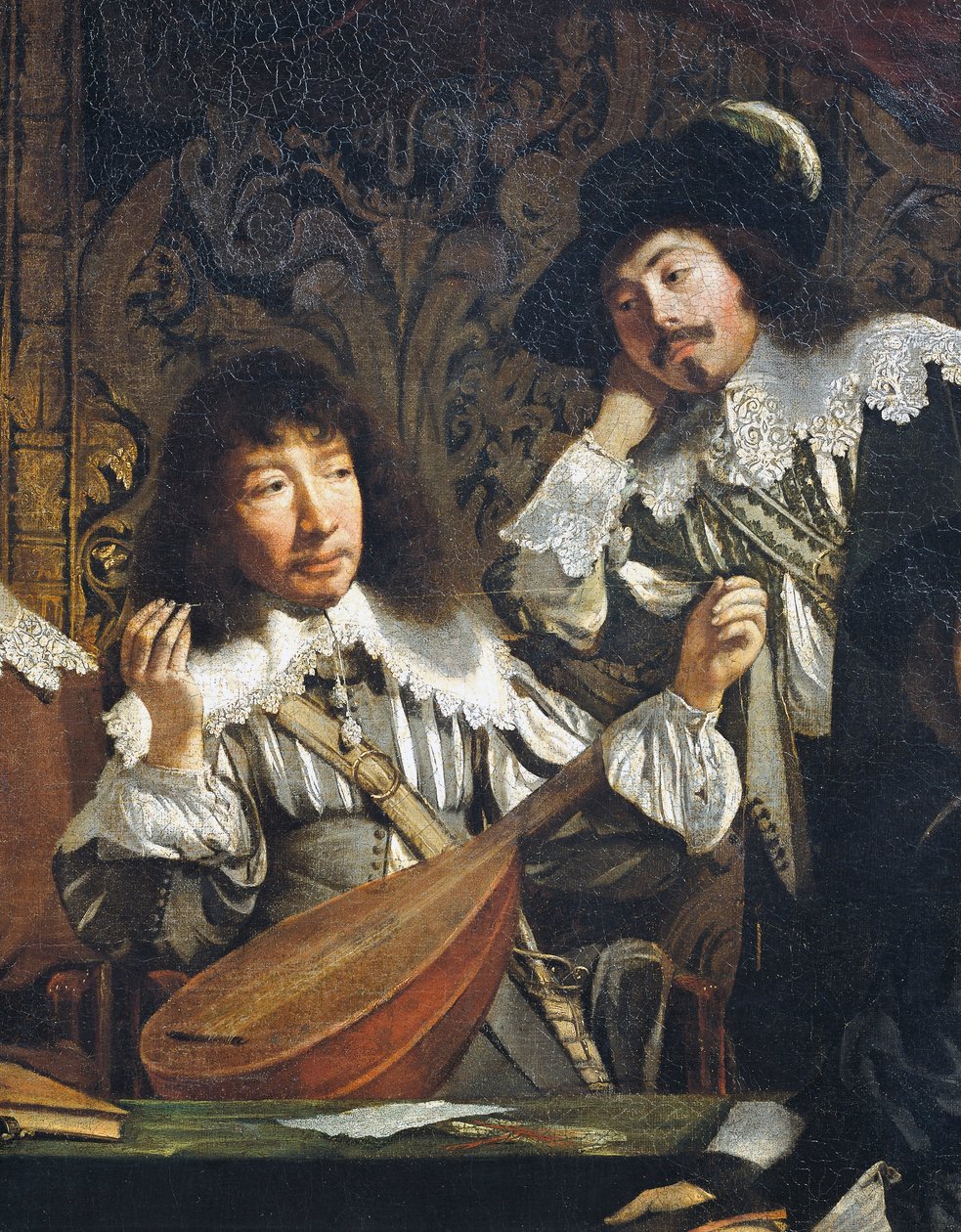 Hudební akademie aneb Setkání amatérů, cca 1640, od neznámého umělce francouzské školy, detail ladění loutny, olej na plátně od French School