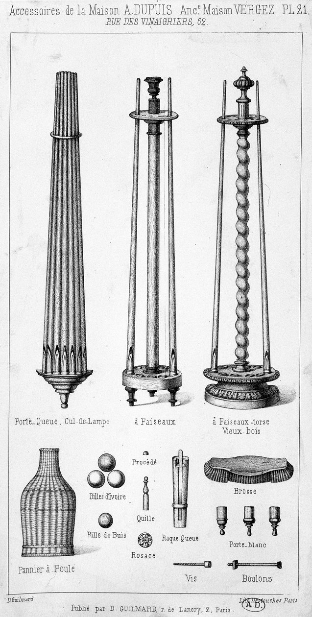 Příslušenství domu A. Dupuis včetně lamp, nářadí a her, prezentované v katalogové podobě. od French School