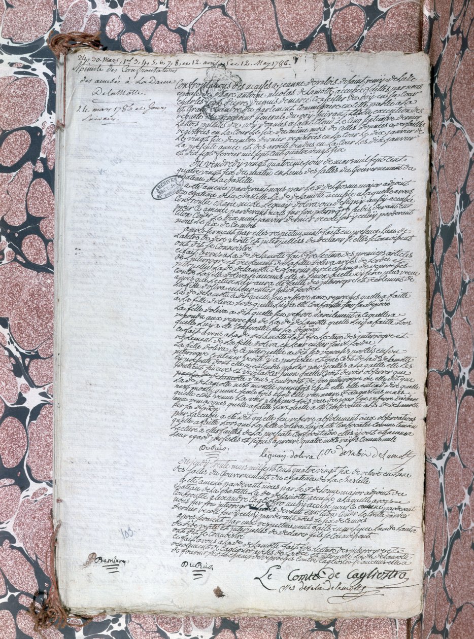 Popis konfrontace mezi Comtesse de la Motte a Cagliostrem během procesu týkajícího se náhrdelníku Queens, 24. května 1786 od French School
