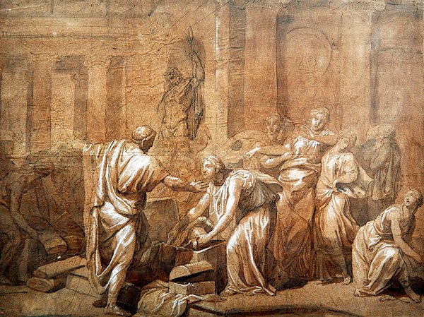 Achilleovo brnění objevené dcerami, kolem roku 1790 (pero a inkoust se sépií na papíře) od French School