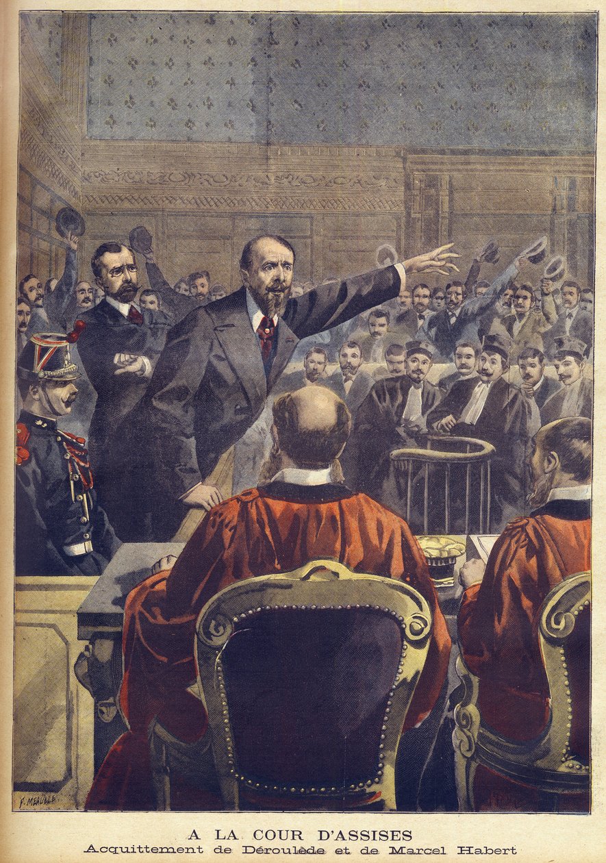 Osvobození Paula Derouledeho a Marcela Haberta u pařížského porotního soudu v „Le Petit journal“, červen 1899 (rytina) od French School