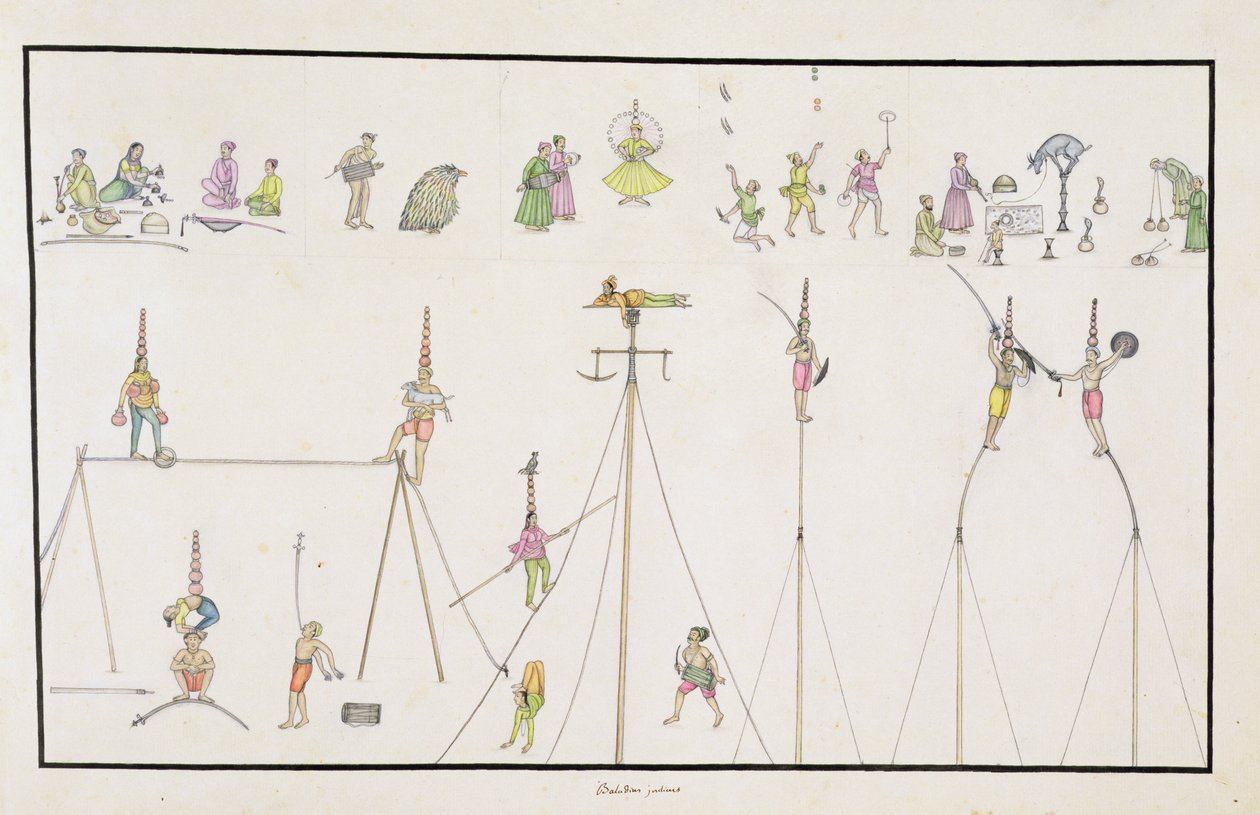 Akrobati, žongléři, imitátoři, baviči z The Gentil Album, vydané v roce 1774 od French School