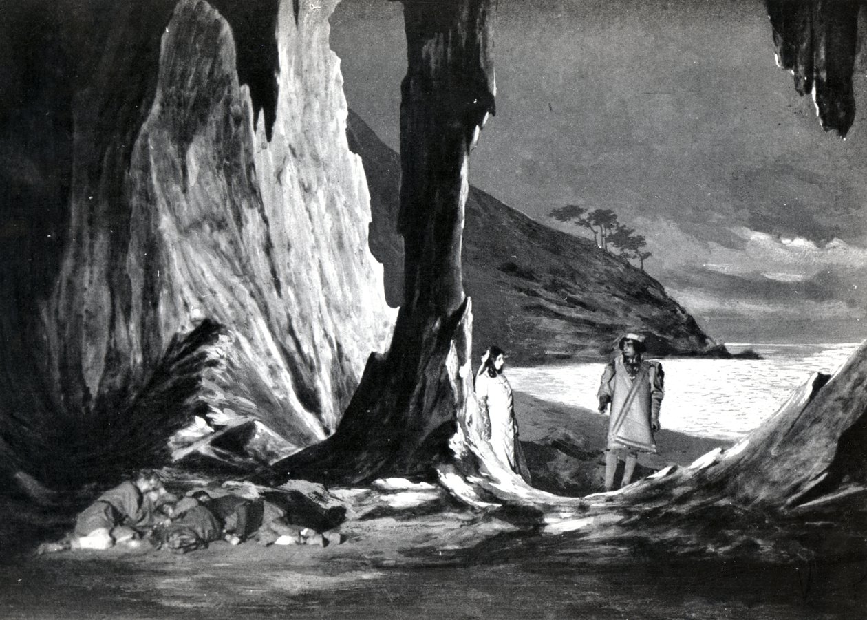 2. dějství, scéna 3 Pelleas et Melisande od Debussyho, z fotografie první inscenace opery v Opeře-Comique v Paříži v dubnu 1902, ilustrace v časopise Theatre, červen 1902 (l od French School