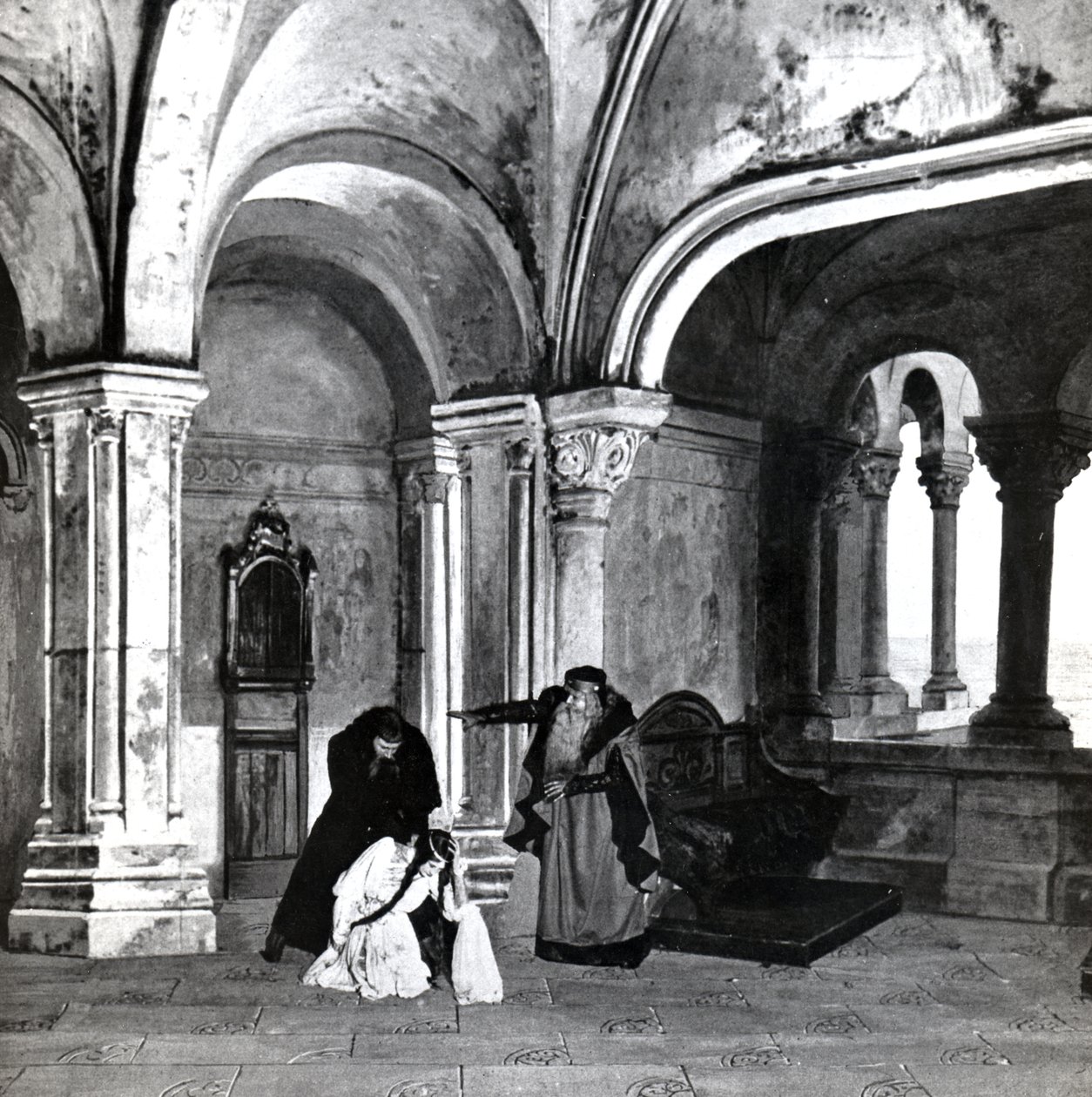 4. dějství, scéna 2 Pelleas et Melisande od Debussyho, z fotografie první inscenace opery v Opeře-Comique v Paříži v dubnu 1902, ilustrace v časopise Theatre, červen 1902 (l od French School