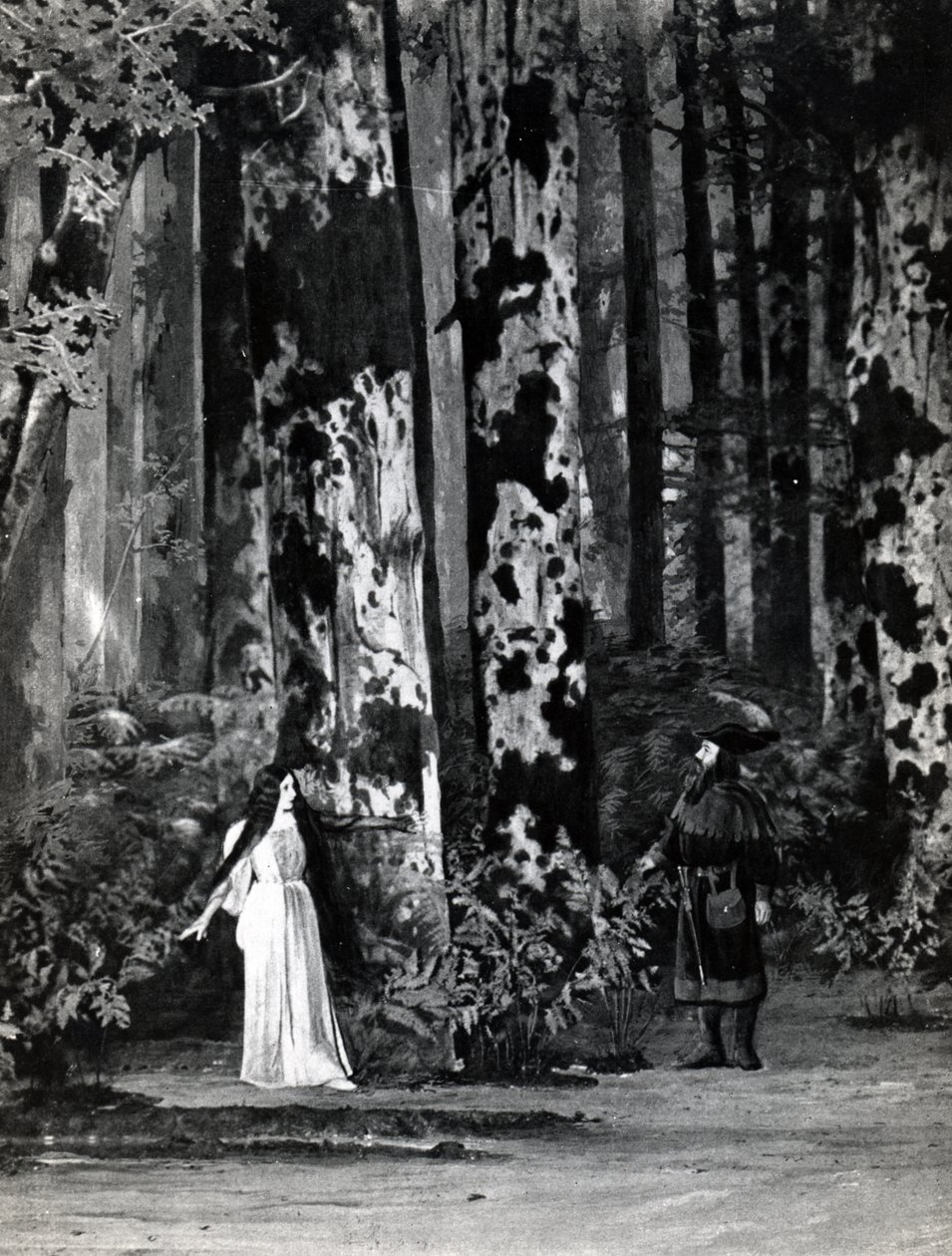 První dějství, scéna 1 Pelleas et Melisande od Debussyho, z fotografie první inscenace opery v Opeře-Comique v Paříži v dubnu 1902, ilustrace v časopise Theatre, červen 1902 (li od French School
