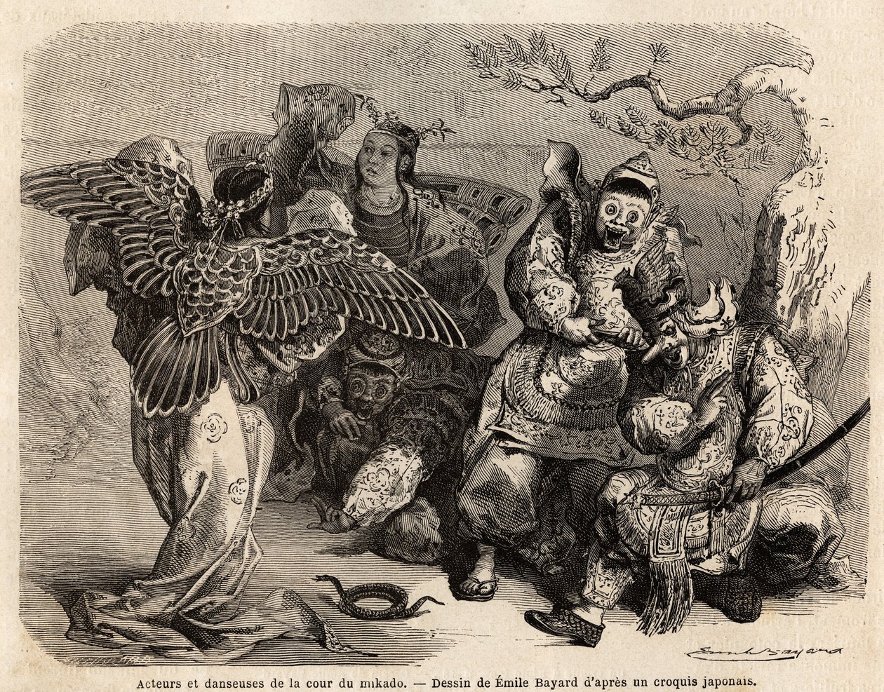 Herci a tanečníci ze dvora Mikádo ve scénických kostýmech. Rytina k ilustraci cesty do Japonska v letech 1863-1864, kterou vytvořil Aime Humbert, ministr Švýcarské konfederace, v knize "Le tour du monde, nouveau journal des voyages", vydané pod vedením Ed. od French School