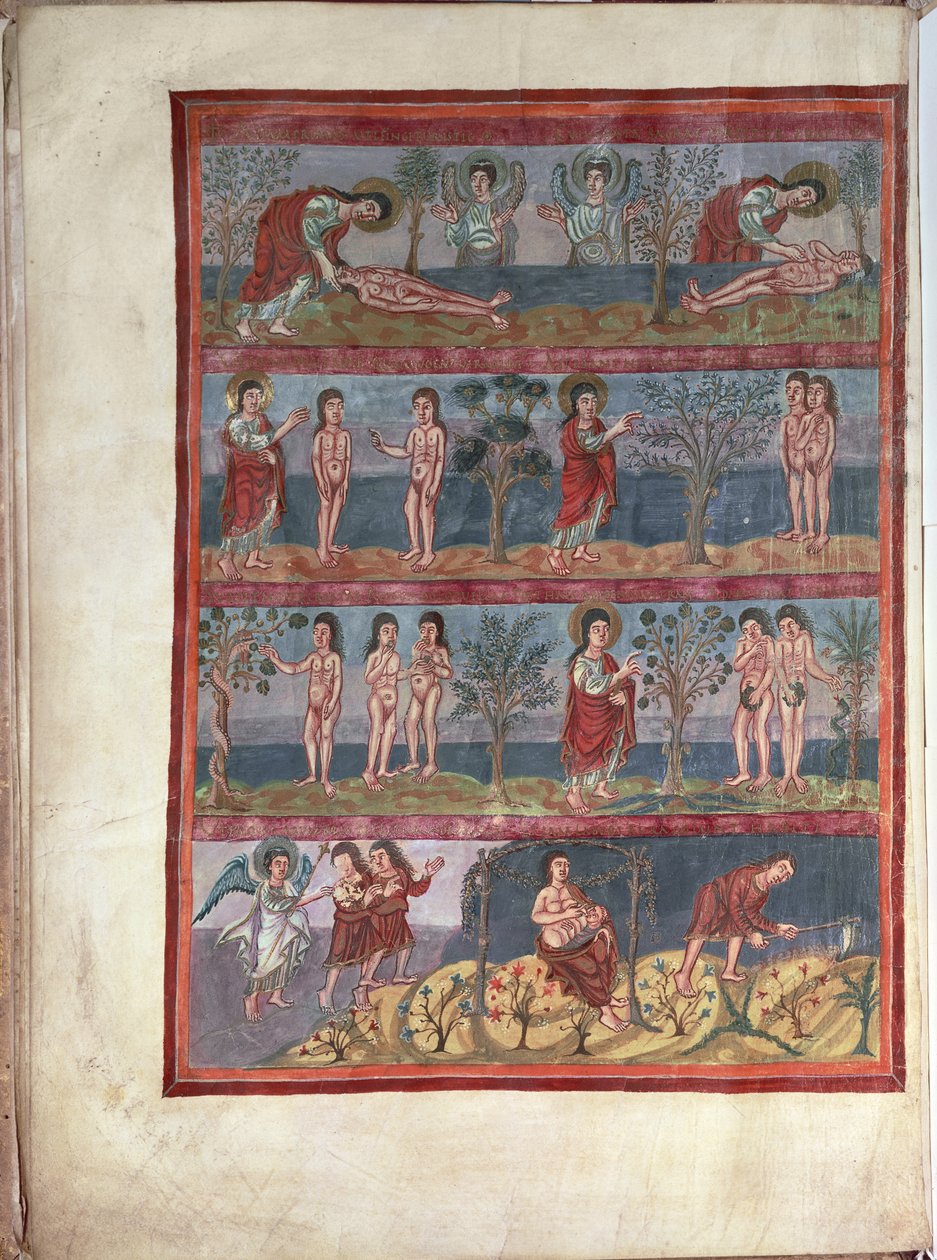 Add.10546 f.5v Adam a Eva, z Moutier-Grandval Bible, osvětlená v karolinském opatství St. Martin, Tours, latina, c.834-843 (vellum) od French School