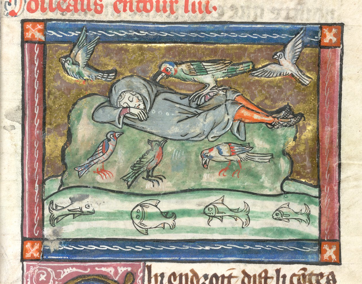 Přidat. 10292, f.29 Spící muž obklopený ptáky, ilustrace z 