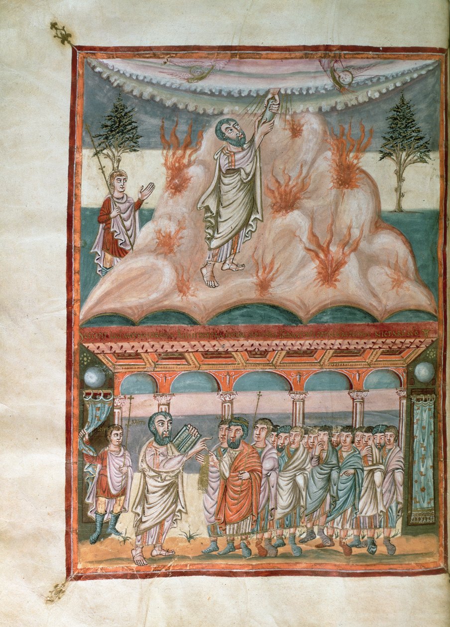 Přidat 10546 f.25b Mojžíš přijímající a předávající Boží zákon na hoře Sinaj, z Moutier-Grandval Bible, osvětlené v karolinském opatství St. Martin, Tours, c.834-843 (vellum) od French School
