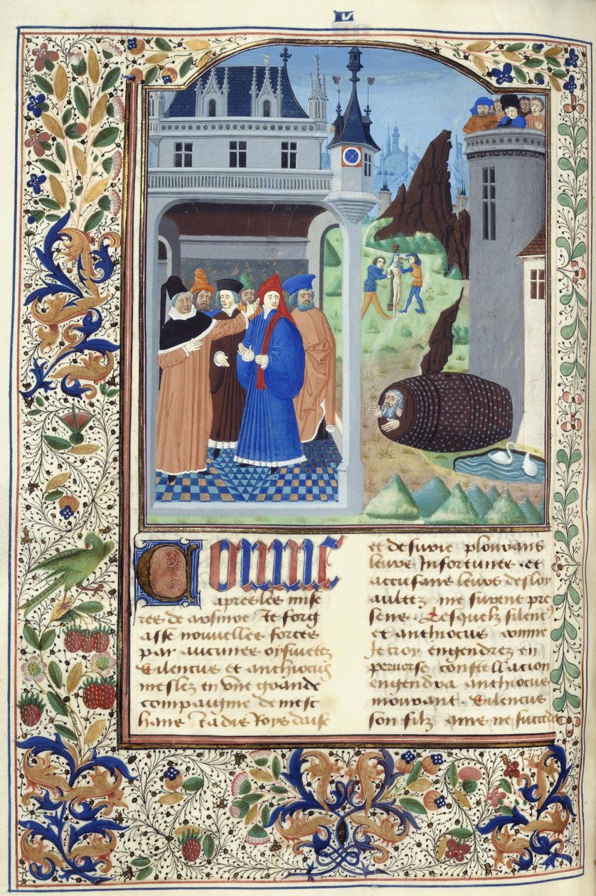 Přidat. 11696, f.136v Boccaccio pozorující mučení, z „Le Livre des Cases des Nobles et Illustres Hommes“ od Giovanniho Boccaccia, kolem 1470 (inkoust, barva a zlato na pergamenu) od French School