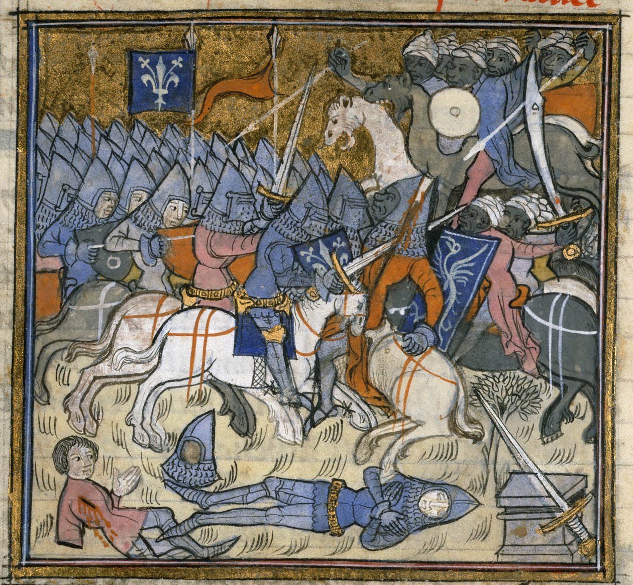 Přidat. 15269, f.124v Křižáci bojující Saracéni, ilustrace z 