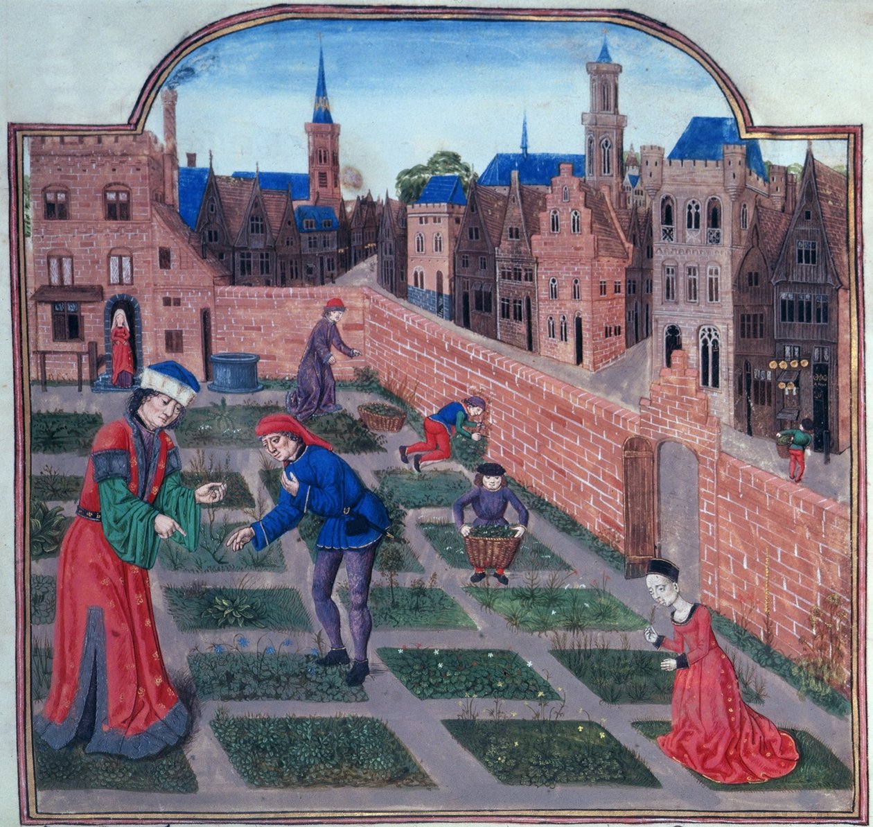 Přidat 19720 fol.165 Obezděná bylinková zahrada ve městě, z Livre des profits ruraux od Piera de Crescenzi z Bologne (1230-1320/1) konec 15. století (vellum) od French School