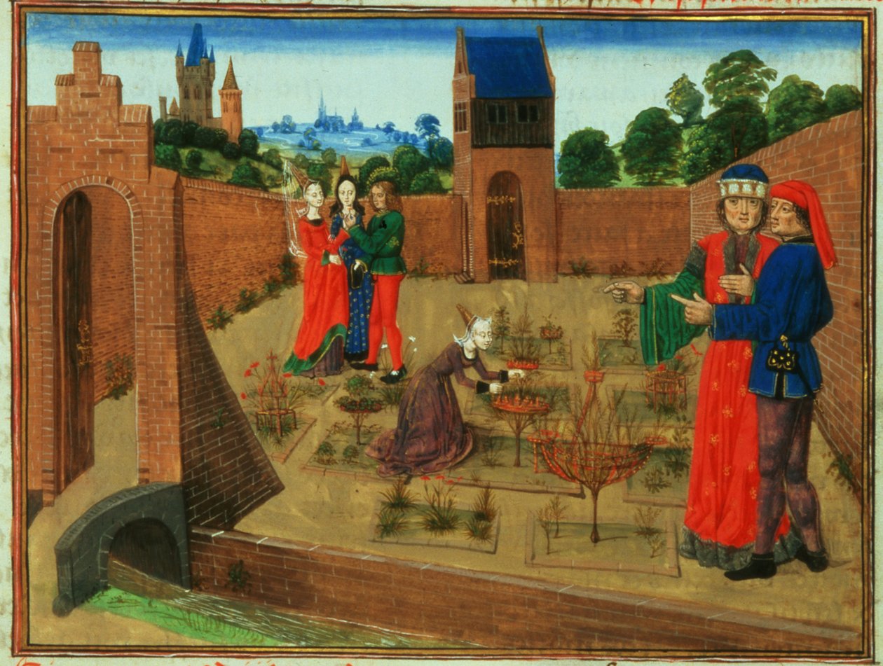 Přidat 19720 fol.214 Obezděná zahrada se ženou zahradničí a dalšími kláboseními, z Livre des Prouffits Champetres et Ruraulx od Pietra de Crescenzi (1230-1320) (vellum) od French School