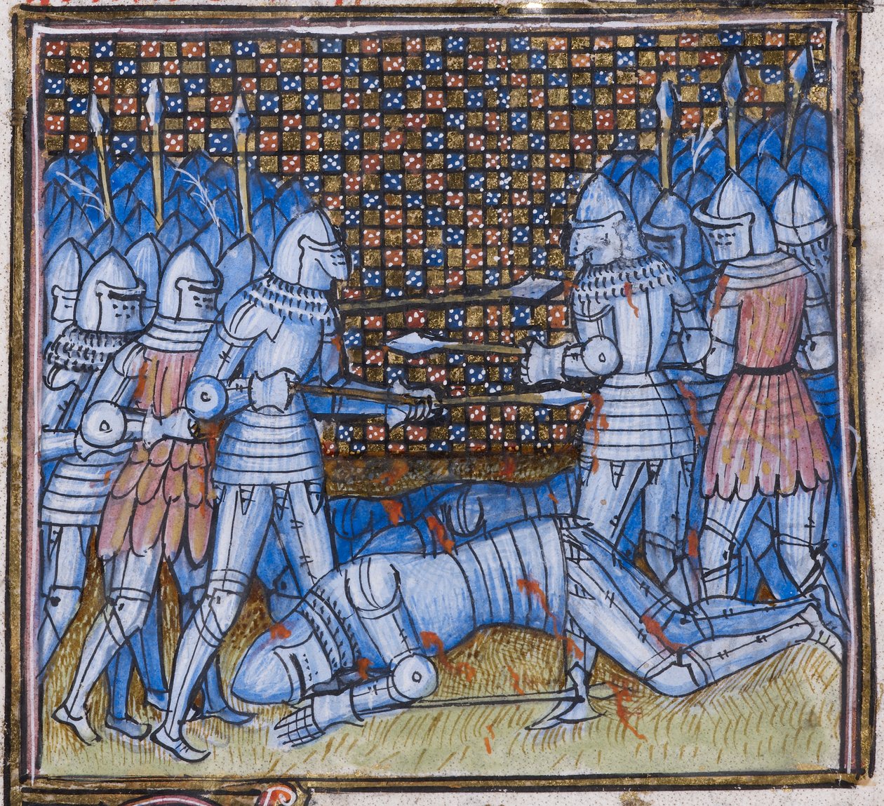 Přidat. 38659 fol.170 Smrt sira Johna Chandose. Středověká bitva, iluminace z 