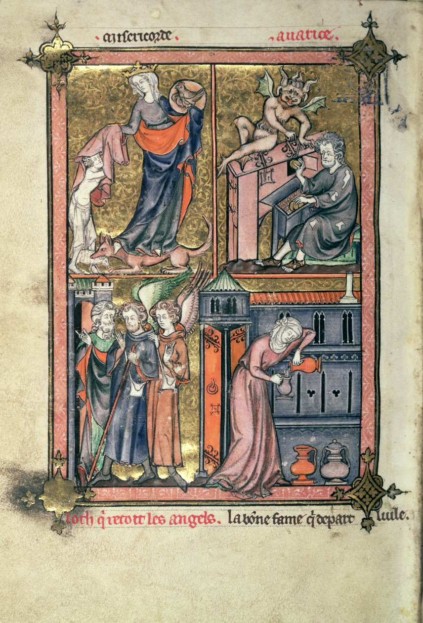 Přidat 54180 f.136b Milosrdenství a hrabivost, Lot a andělé; vdova a její olej z „La Somme le Roy“ od Frere Laurenta, osvětlena Maitre Honore (vellum) od French School