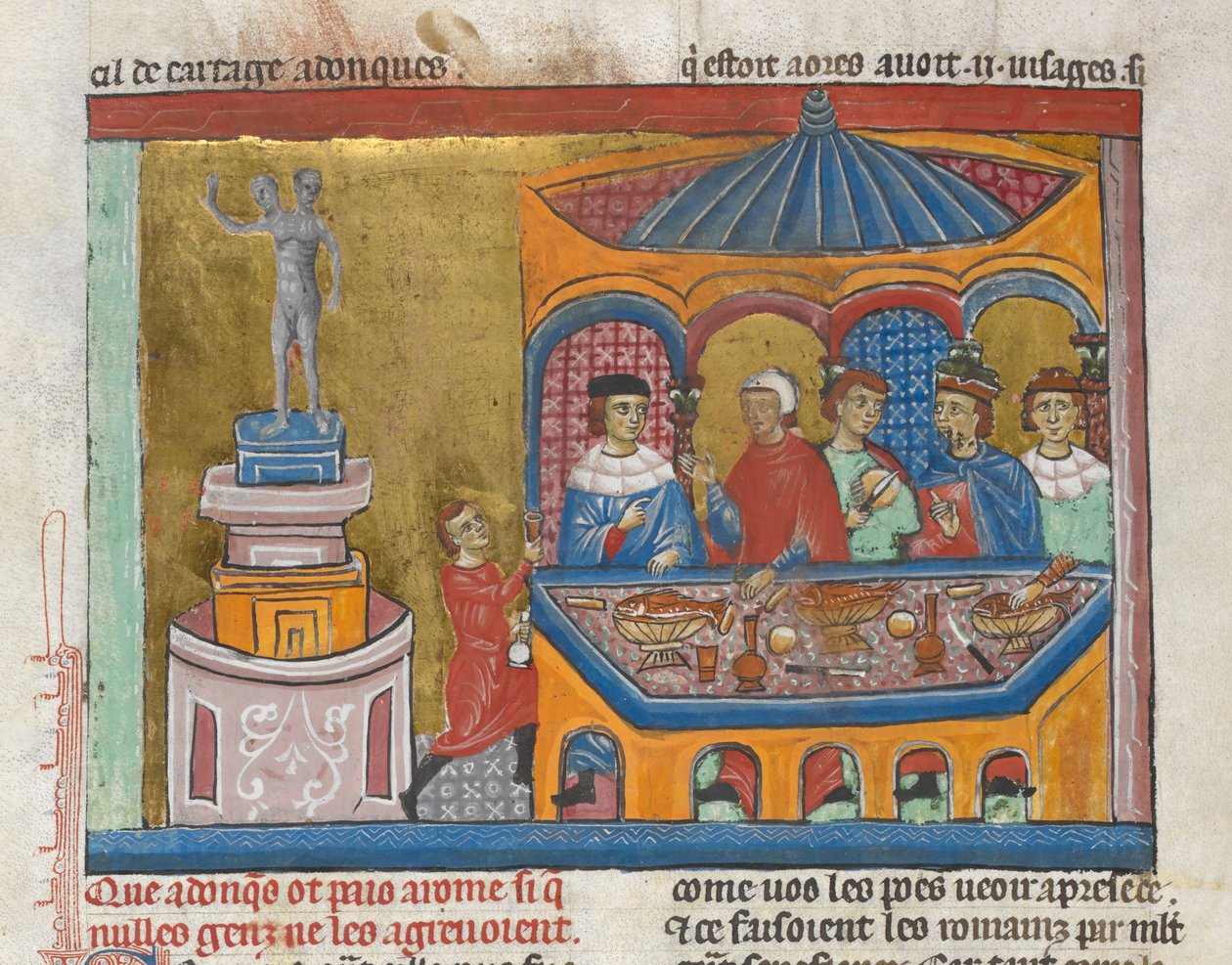 Přidat. MS 15268, fol. 242v chrám Janus se senátory stolujícími v popředí, od „Starověké historie po Caesara“ (vellum) od French School