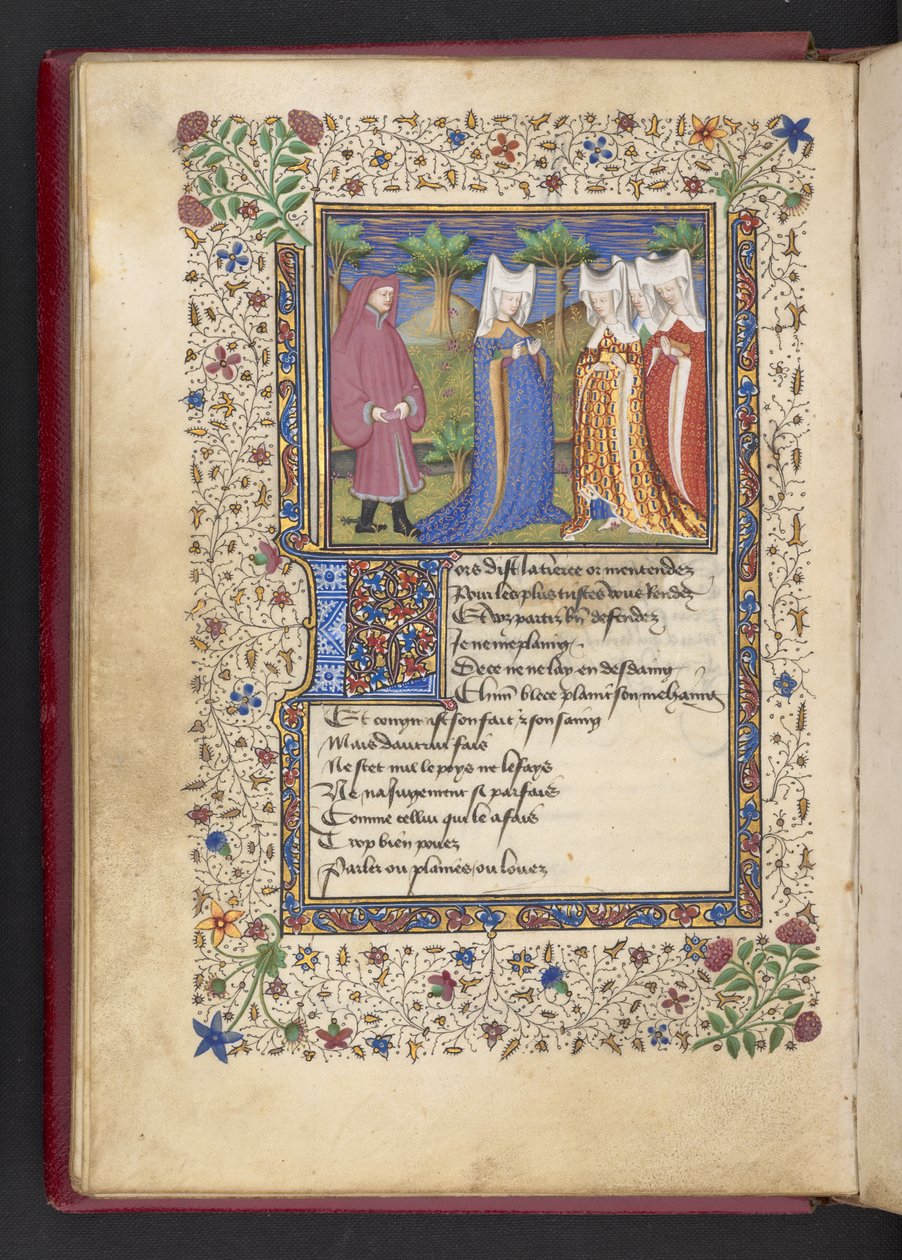 Přidat MS 21247 f.40v Pán a tři dámy z „Le livre des quatre dames“ od Alaina Chartiera (inkoust, barva a zlato na pergamenu) od French School