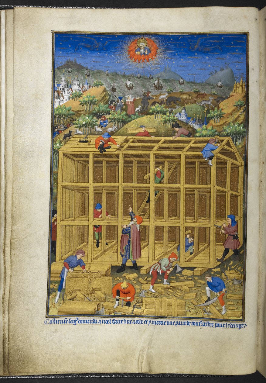 Přidejte Ms 18850 f.15v, Stavba Noemovy archy, z Knihy hodin (The Bedford Hours) c.1410-30 (inkoust, barva a zlato na pergamenu) od French School