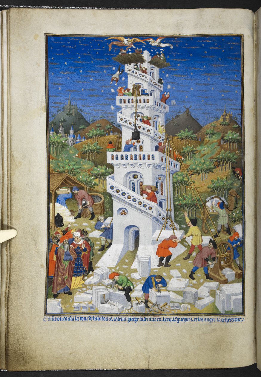 Přidat Ms 18850 f.17v Budova Babylonské věže, z Book of Hours (The Bedford Hours) c.1410-30 (inkoust, barva a zlato na pergamenu) od French School
