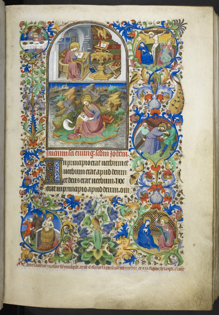 Přidejte úryvky z evangelia Ms 18850 f.19r včetně úryvků z Jana, Lukáše, Matouše a Marka z Knihy hodin (The Bedford Hours) c.1410-30 (inkoust, barva a zlato na pergamenu) od French School