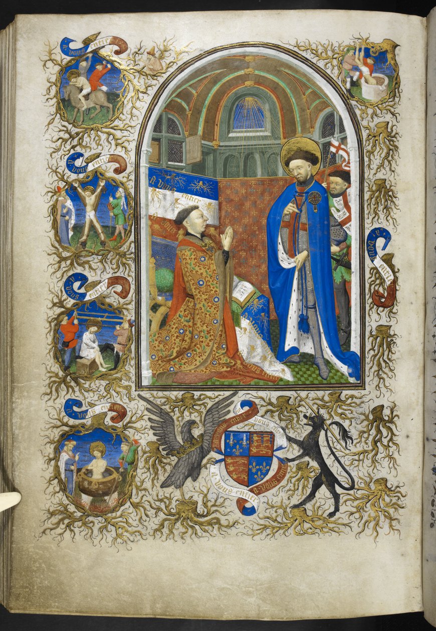 Přidejte Ms 18850 f.256v, vévoda z Bedfordu před St Georgem, z Book of Hours (The Bedford Hours) c.1410-30 (inkoust, barva a zlato na pergamenu) od French School