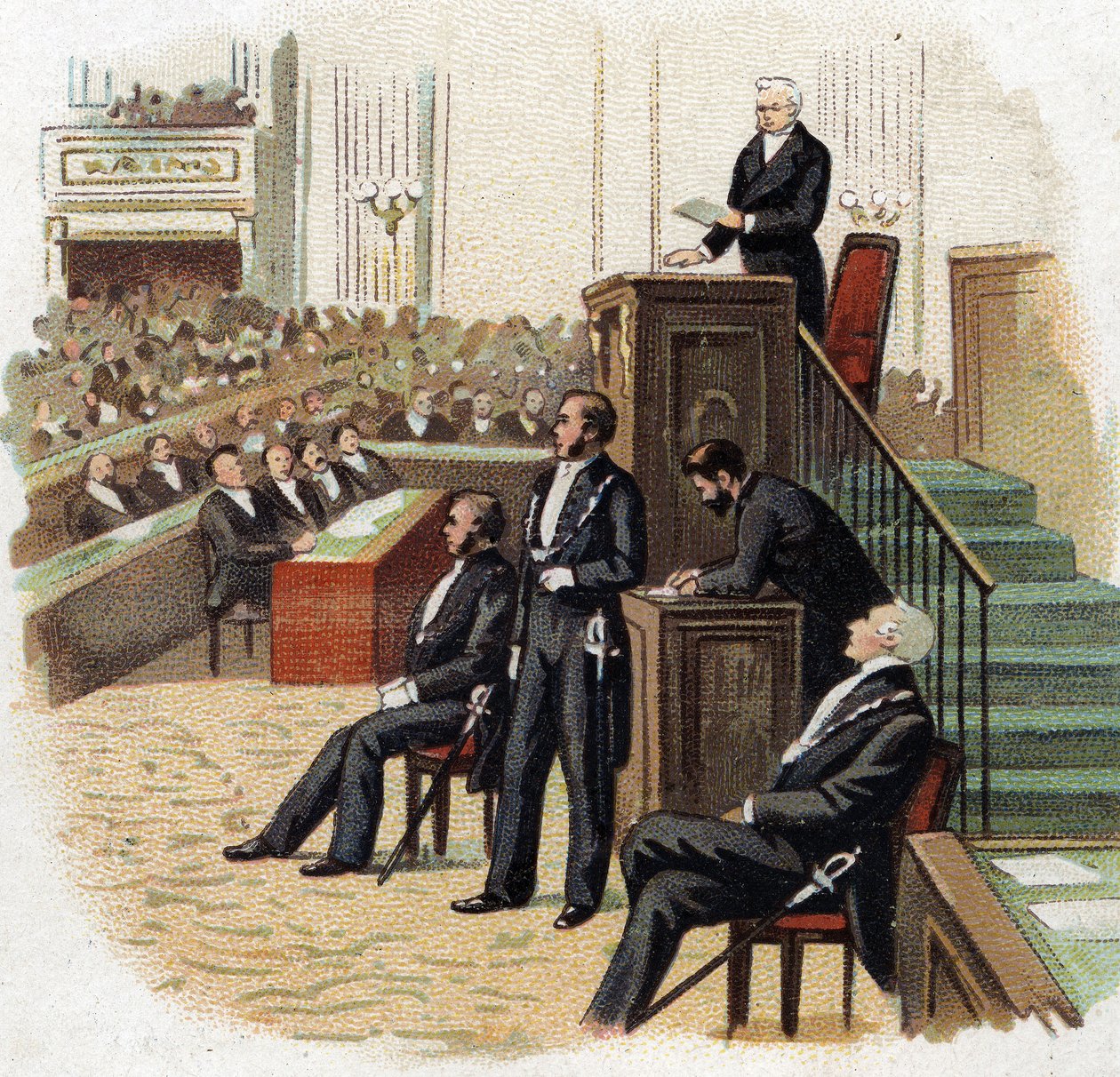Adolphe Thiers (1797-1877), prezident republiky na pódiu Národního shromáždění v roce 1872 - Chromolitografie (Chromo) počátku 20. století. od French School