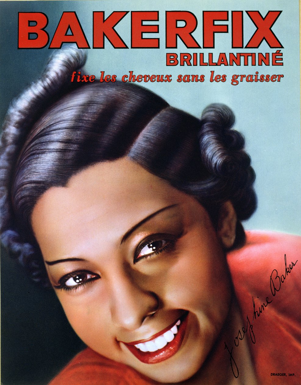 Reklama na vlasovou brilantinu Bakerfix s Josephine Baker (1906-75) od French School
