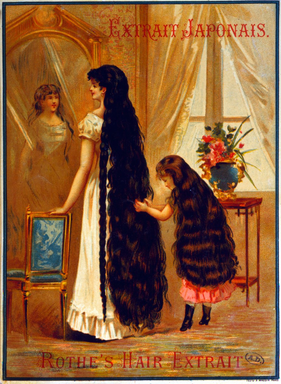 Reklama na Extrait Japonais, kadeřnický produkt podporující růst vlasů, 1895 od French School