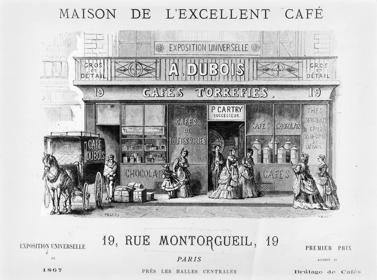 Reklama na prodejce kávy v Rue Montorgueil, Paříž, kolem roku 1870 od French School
