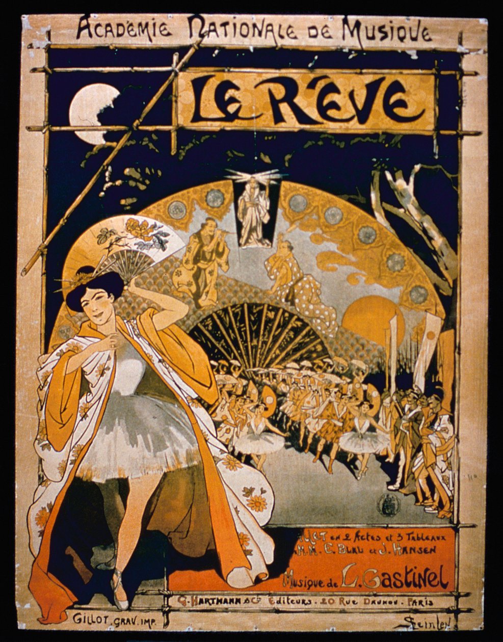 Reklama na muzikál The Dream, na Academie Nationale de Musique, rytina Gillota, kolem roku 1890 (barevná rytina) od French School