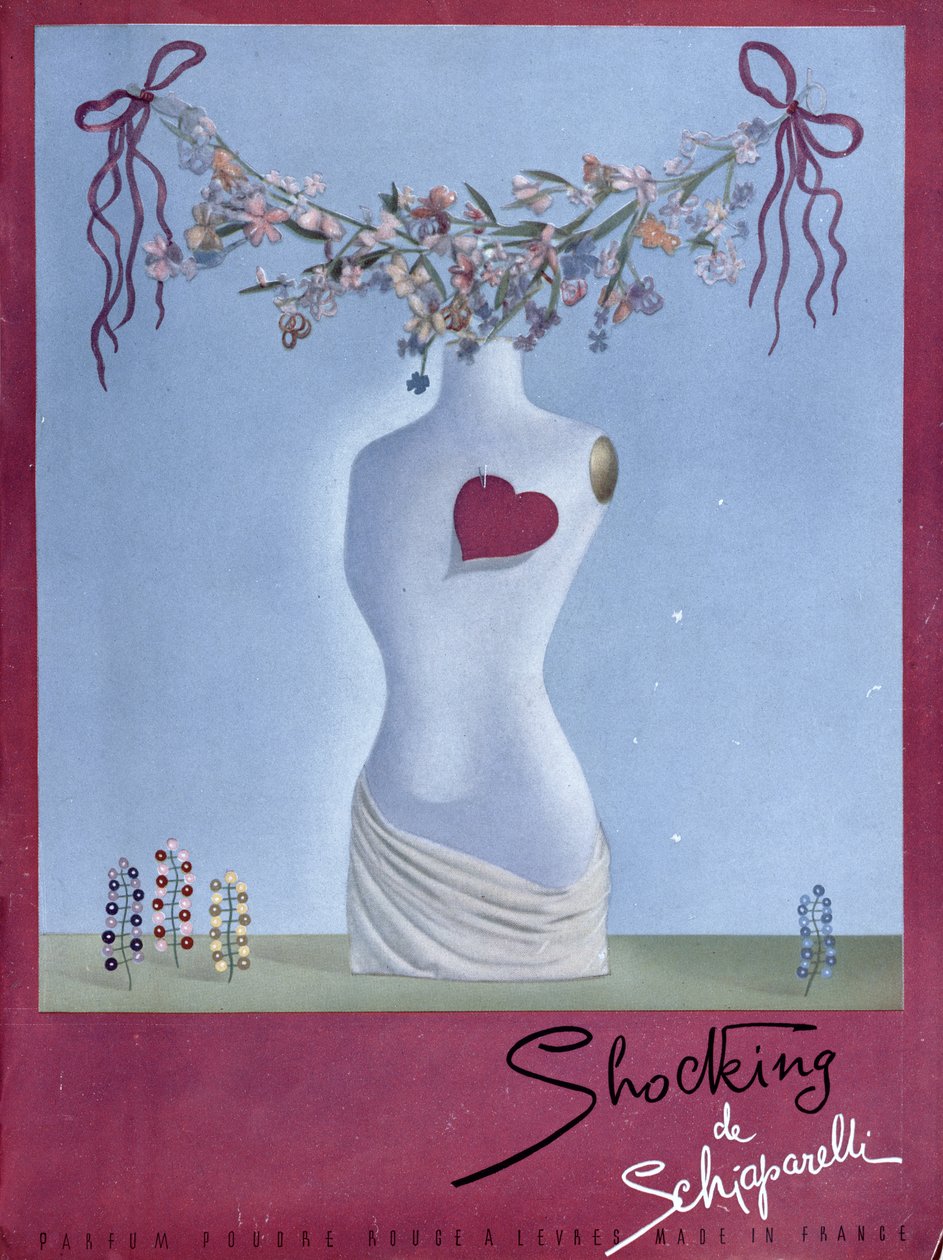 Reklama na parfém "Shocking" od Schiaparelliho, ilustrace z časopisu "Vogue", listopad 1938 (barevná litografie) od French School