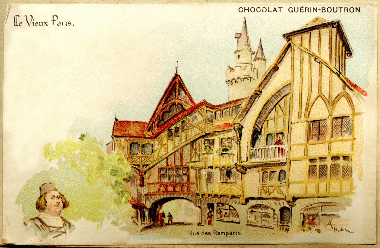 Reklamní Chromolitografie čokolád Guerin Boutron, The Old Paris, Rue des Remparts od French School