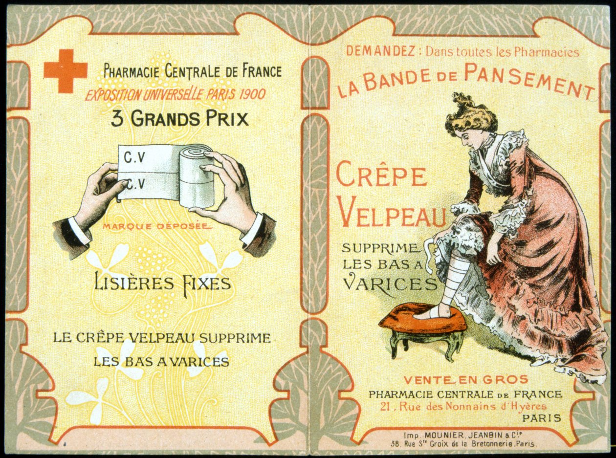 Reklamní karta „“The Velpeau Crepe Dressing Band odstraňuje křečové punčochy““. Sd. 19. století. od French School