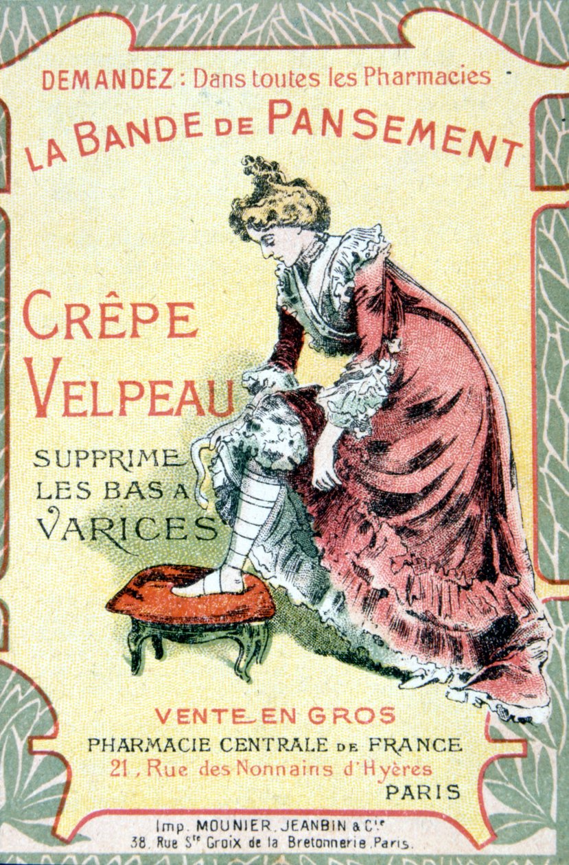 Reklamní karta „“The Velpeau Crepe Dressing Band odstraňuje křečové punčochy““. Sd. 19. století. od French School