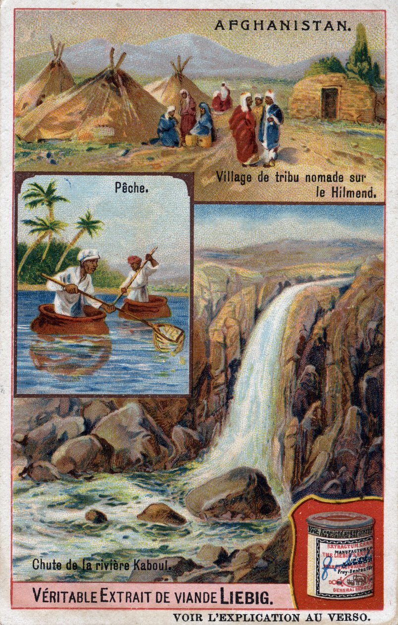 Reklamní karta zobrazující vesnici nomádského kmene na Hilmend, rybáře a pád řeky Kábul v Afghánistánu. Chromolitografie 19. století. od French School