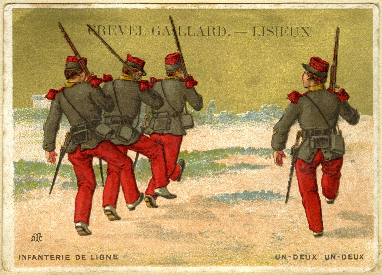 Reklamní chromolitografie Grevel-Gaillard, Lisieux, online pěchota, jedna dva, jedna dva (chromolitografie) od French School