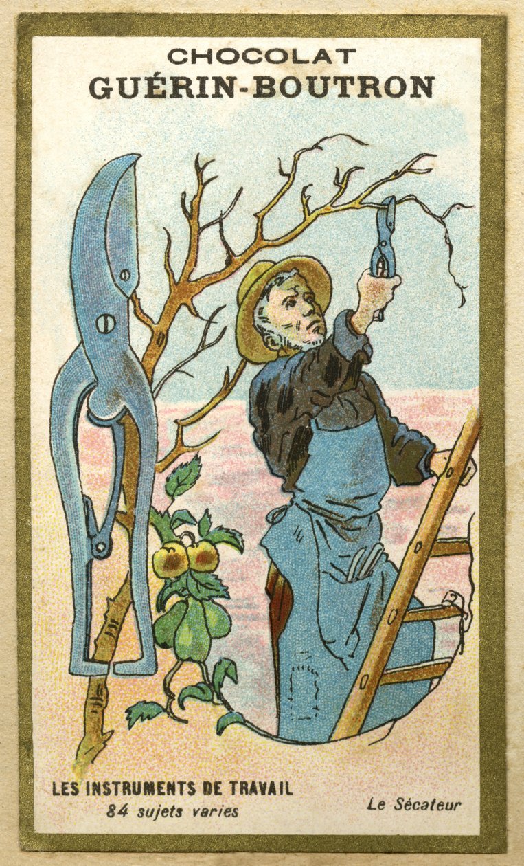 Reklamní chromolitografie čokolád Guerin Boutron, pracovní nástroje, 84 různých témat, zahradnické nůžky (chromolitograf) od French School
