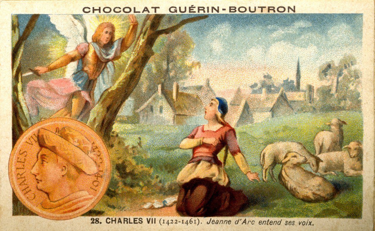 Reklamní chromolitografie čokolád Guerin Boutron, král Karel VII. v letech 1422 až 1461. Johanka z Arku slyší hlasy (chromolitografie) od French School