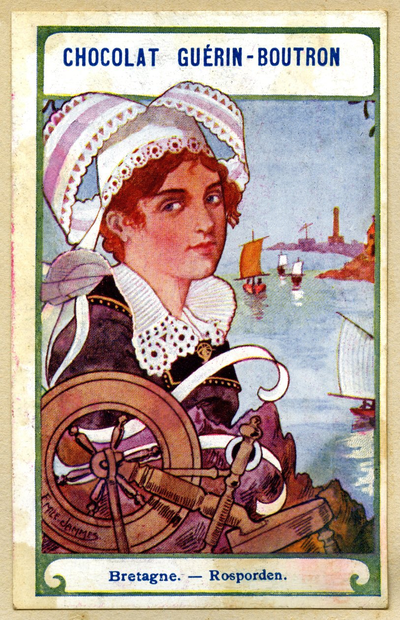 Reklamní chromolitografie čokolád Guerin Boutron, čelenky regionů Francie, Bretaň, rosporden, ilustrace Emile Jammes (chromolitograf) od French School