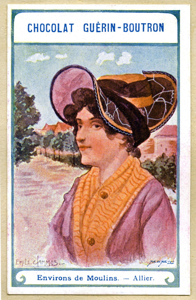 Reklamní chromolitografie čokolád Guerin Boutron, čelenky regionů Francie, okolí Moulins, Allier, ilustrace Emile Jammes (chromolitograf) od French School