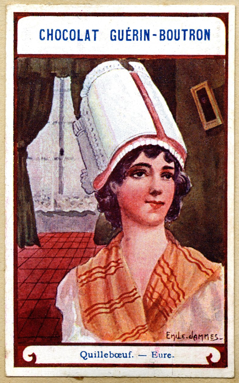 Reklamní chromolitografie čokolád Guerin Boutron, čelenky regionů Francie, Quillebœuf, Eure, ilustrace Emile Jammes (chromolitograf) od French School