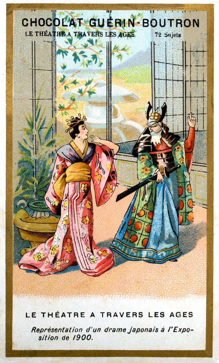 Reklamní chromolitografie čokolád Guerin Boutron, divadlo v průběhu věků, 72 předmětů, japonské drama od French School