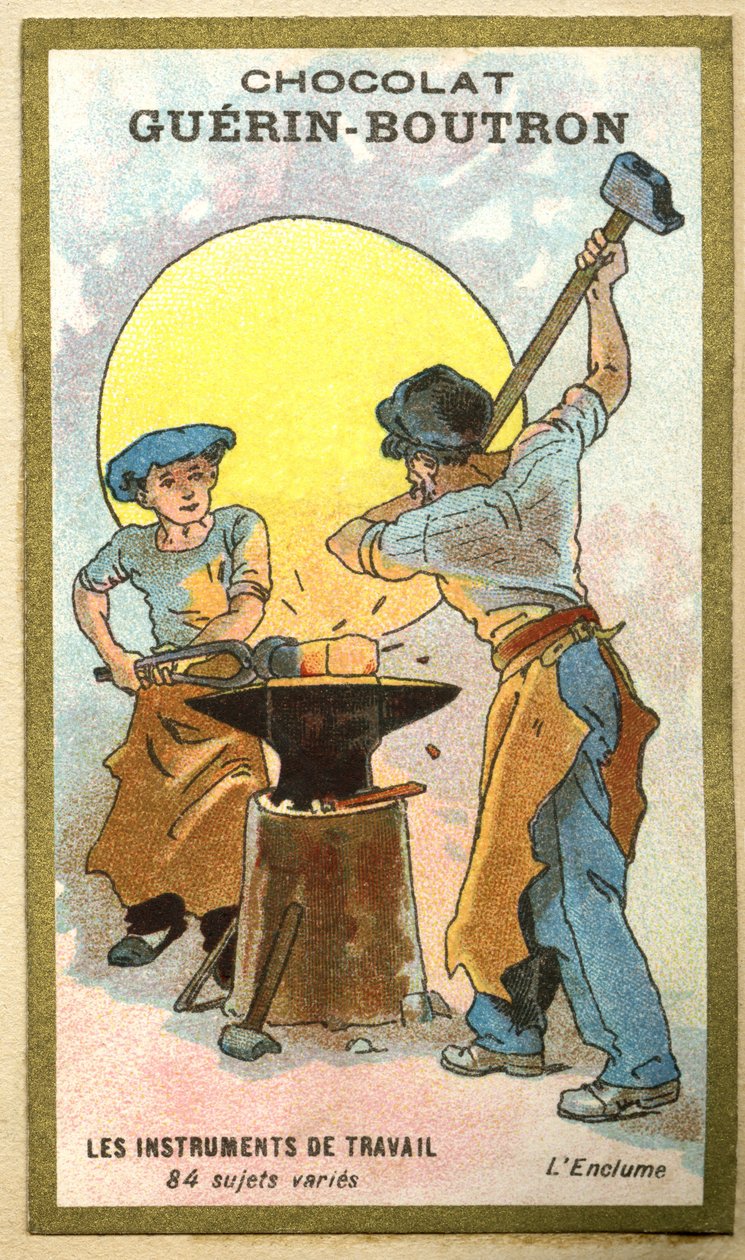 Reklamní chromolitografie čokolád Guerin Boutron, pracovní nástroje, 84 různých předmětů, kovadlina od French School