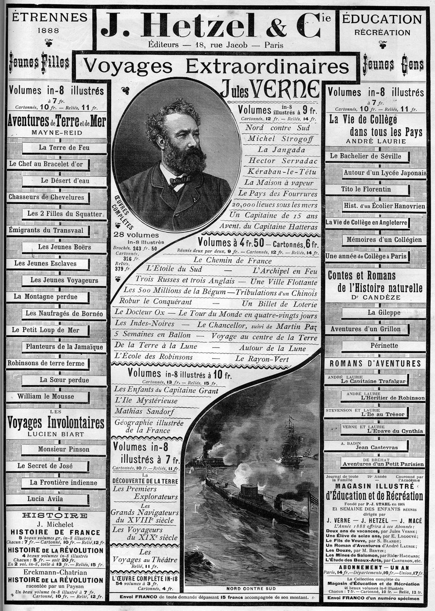 Reklama na romány Julese Verna se blíží ke konci roku 1887, redaktor J. Hetzel. od French School