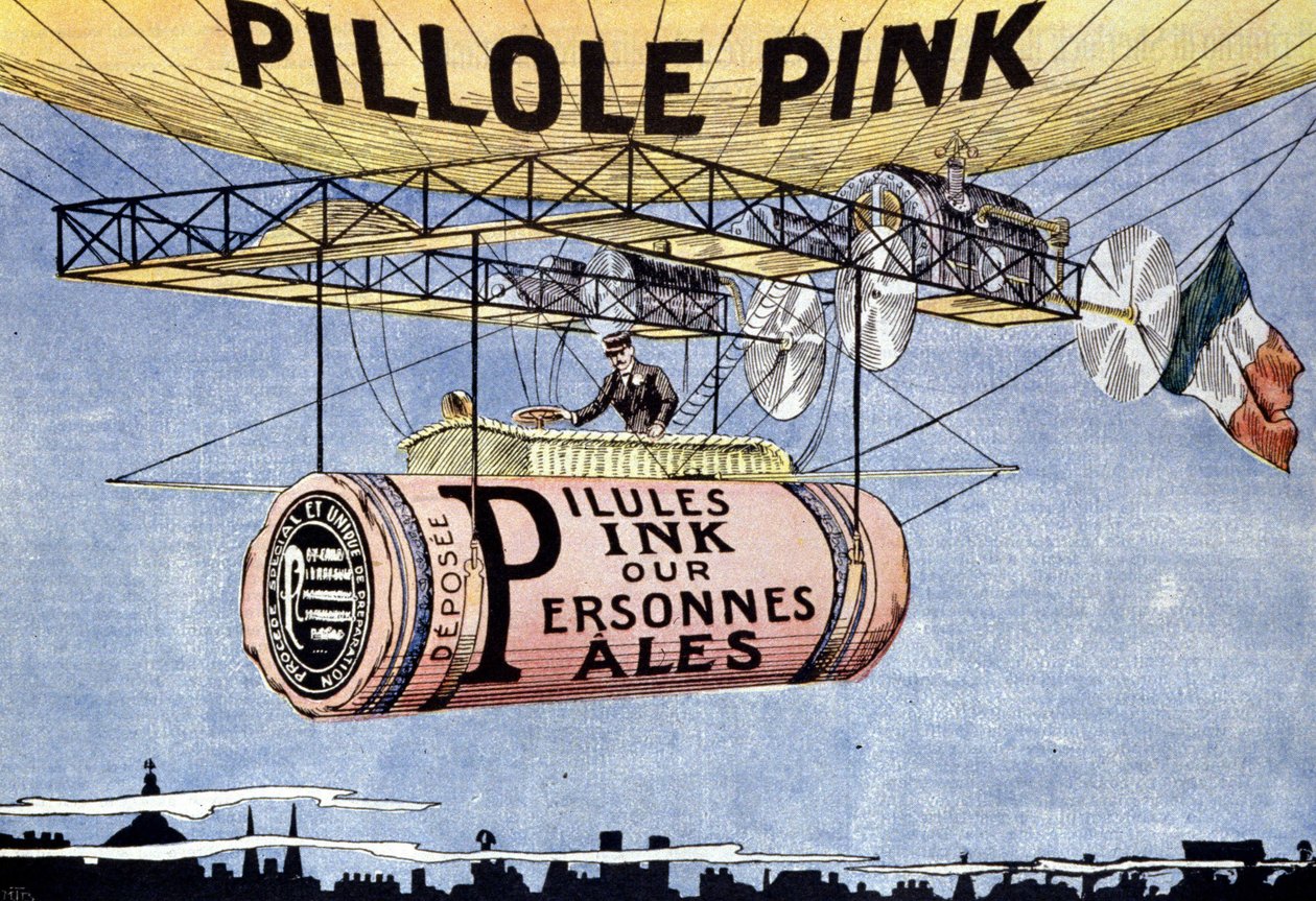 Reklama na Pink pilulky: zázračné pilulky pro bledé a oslabené lidi. Regenerují krev a tonizují nervy. cca 1904 od French School