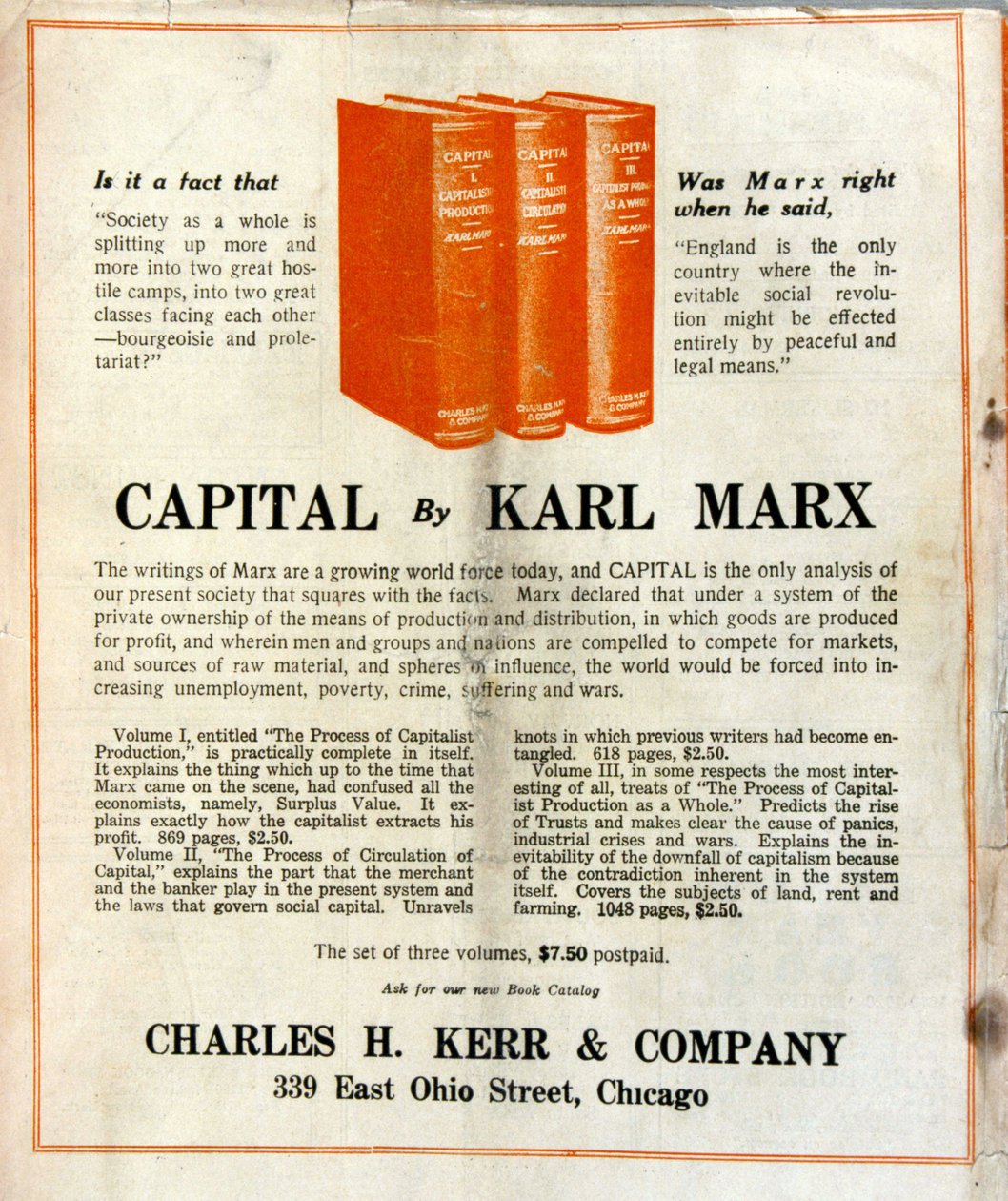 Reklama na prodej knihy Karla Marxe „Le Capital“ v americkém časopise od French School
