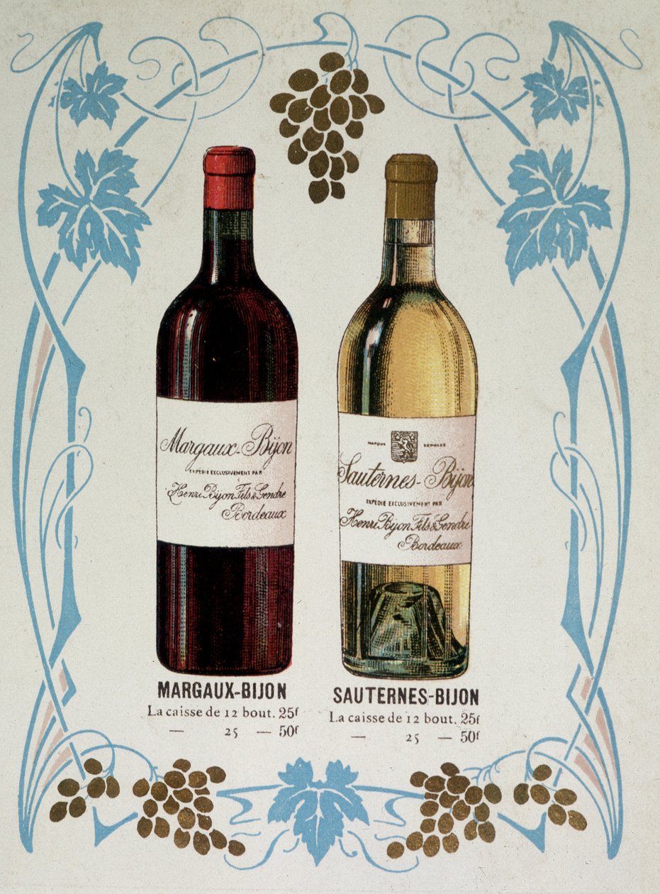 Reklama na prodej vína Margaux-Bijon (Margaux Bijon) a Sauternes-Bijon (Sauternes Bijon), 25 frs z 12 lahví, 50 frs na 25 od French School