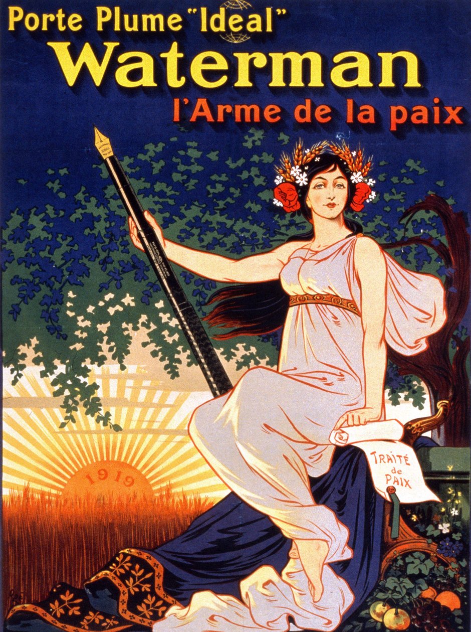 Reklamní plakát na „Ideální vodník na fontánu, zbraň míru““ (žena držící mírovou smlouvu a vodnické pero“). Litografie 1919. od French School
